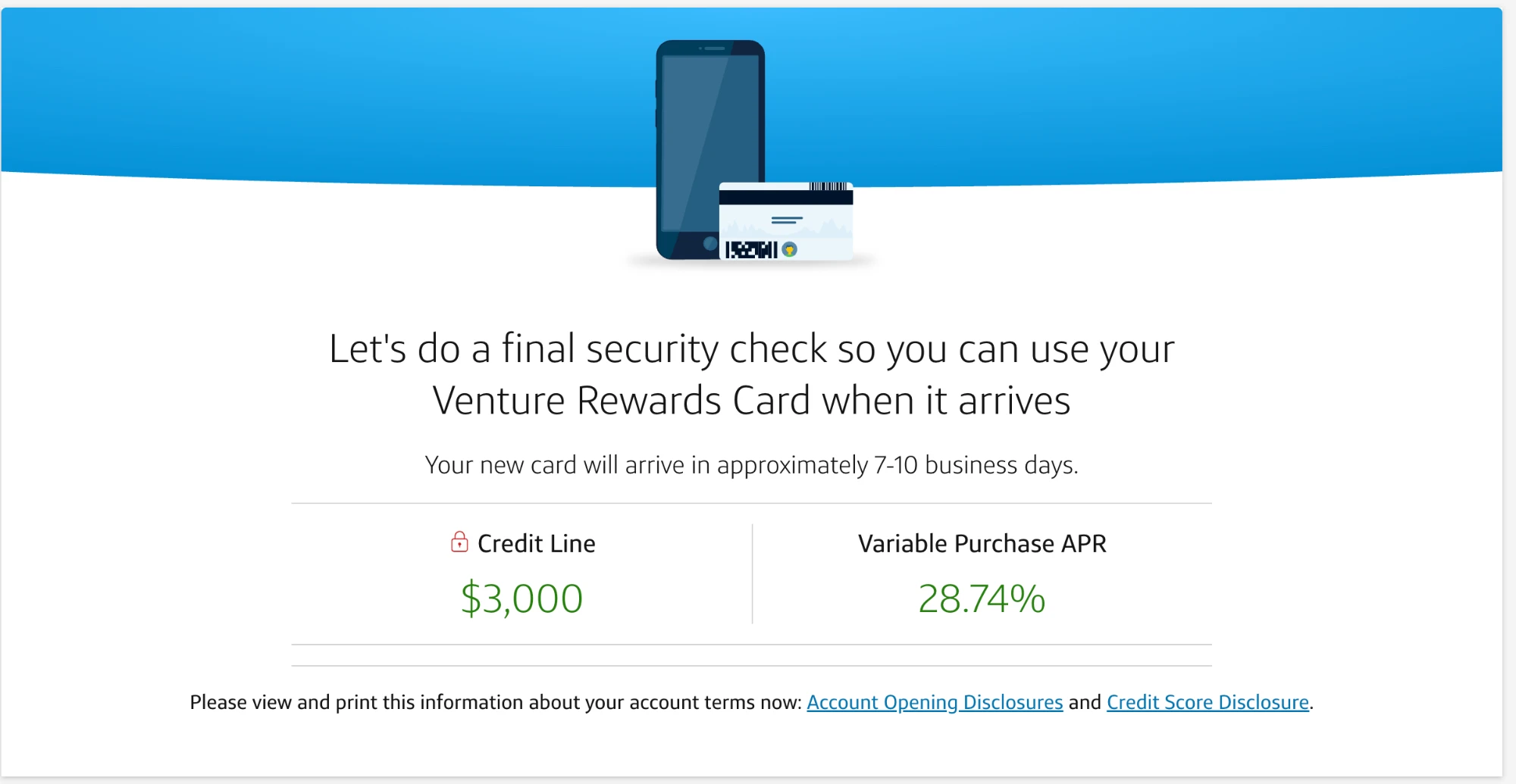 Capital One Venture 核卡畫面,額度 3,000 美元